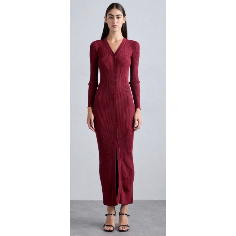 STAUD Shoko Ribbed Knit Button Front Maxi Dress Burgundy XS